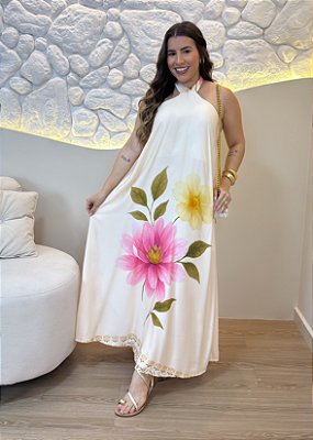 Vestido Midi Feminino em Viscolinho Off- White com Estampa Floral e Gola Halter