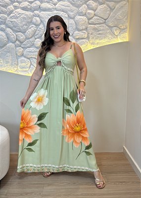 Vestido Midi Feminino Viscolinho Verde Floral com Nó Frontal e Alças Reguláveis