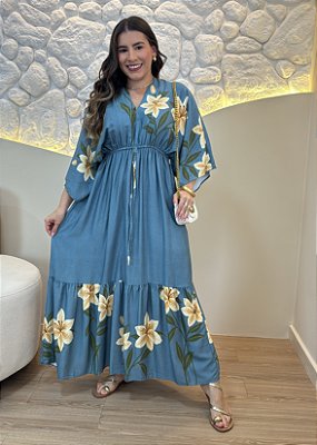Vestido Midi Feminino em Viscolinho Azul Floral com Manga e Elástico na Cintura