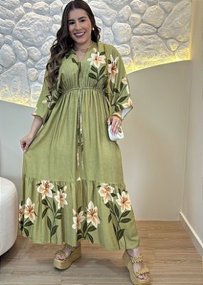 Vestido Midi Feminino em Viscolinho Verde Floral com Manga e Elástico na Cintura