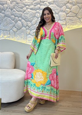 Vestido Longo Viscolinho Verde Agua Estampado com Manga Ampla e Decote V