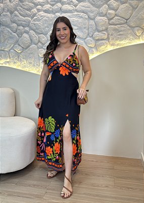 Vestido Midi Estampado Preto em Viscose com Fenda e Costas Abertas