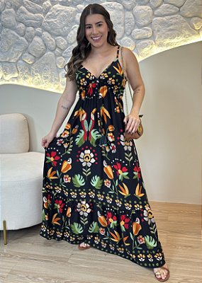 Vestido Longo Estampado Floral Preta em Viscolinho com Bojo e Elastex – Elegância e Conforto