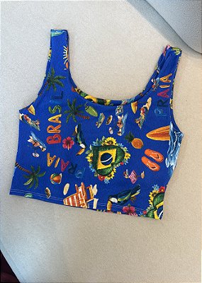 Cropped Feminino Dupla Face Estampa Tropical Azul em Poliéster – Conforto e Estilo para o Verão
