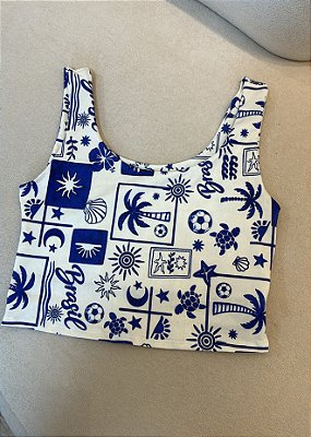 Cropped Feminino Dupla Face Estampa Tropical Tucano Azul em Poliester Conforto-e-Estilo-para-o-Verao