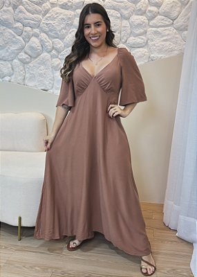 Vestido Longo Marrom de Viscose Feminino com Decote V e Elastec nas Costas – Leve e Elegante