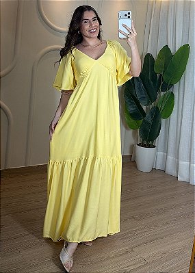 Vestido Longo Amarelo de Viscose Feminino com Decote V e Elastec nas Costas – Leve e Elegante