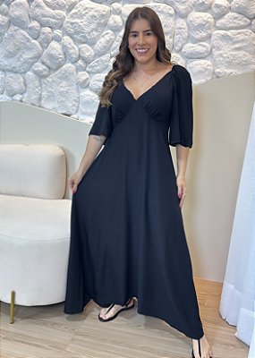 Vestido Longo Preto de Viscose Feminino com Decote V e Elastec nas Costas – Leve e Elegante