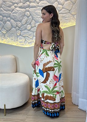 Vestido Longo Frente Única de Viscose Estampado Folhagem Marrom com Costas Abertas – Elegante e Tropical