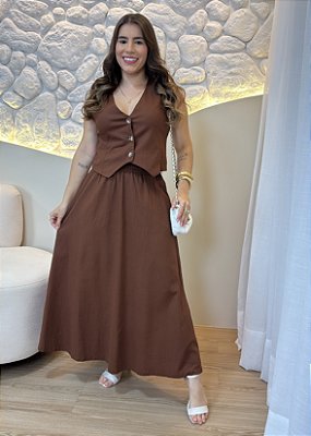 Conjunto Feminino de Linho Marrom com Saia Longa e Colete – Elegância e Conforto Atemporal