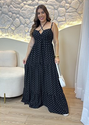 Vestido Longo Preto de Poá em Viscose com Alças e Lastex – Romântico e Elegante