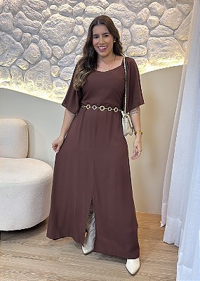 Vestido Longo Marrom de Viscose Feminino com Decote Reto e Elastec nas Costas – Leve e Elegante