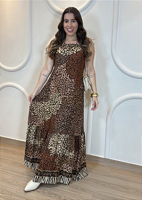 Vestido Longo Animal Print Marrom Feminino em Viscolinho Frente Única - Leve e Elegante