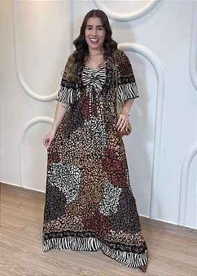 Vestido Longo Animal Print Preto Feminino em Viscolinho Manga com Lastex - Leve e Elegante
