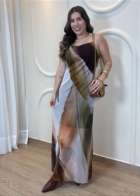 Vestido Midi Tule Marmorizado Verde com Transparência e Amarração nas Costas