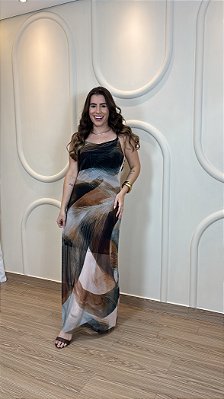 Vestido Midi Tule Nude+Verde Transparência e Amarração nas Costas Elegância
