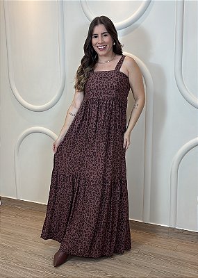 Vestido Longo Feminino Animal Print Onça Vinho em Viscose com Alças – Leveza e Estilo