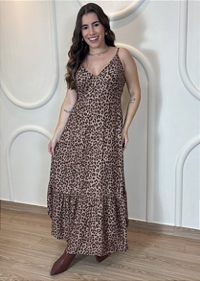 Vestido Midi Animal Print Marrom em Viscolinho com Alça e Costas Ajustáveis