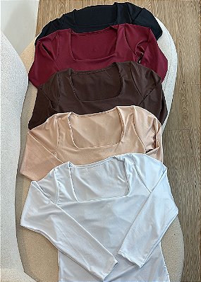 Body Feminino Gola Quadrada Manga Longa em Poliéster