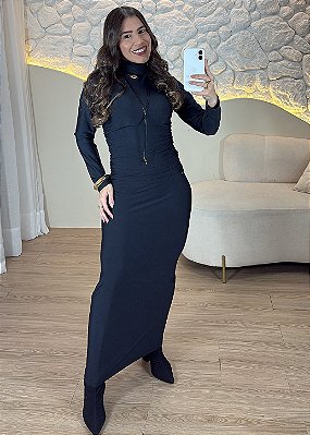 Vestido Longo de Poliamida Manga Longa Gola Alta Preto