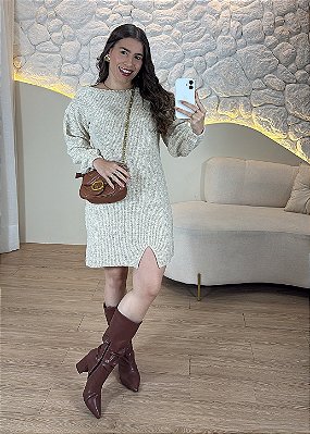 Vestido Tricô Feminino Manga Longa Off White