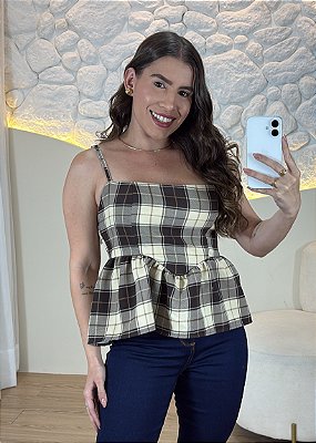 Blusa Peplum Xadrez Preta Feminina de Alça
