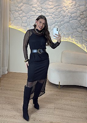 Vestido Longo Feminino em Tule com Forro - PRETO