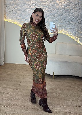 Vestido Feminino Mid Poliamida - Estampa Verde