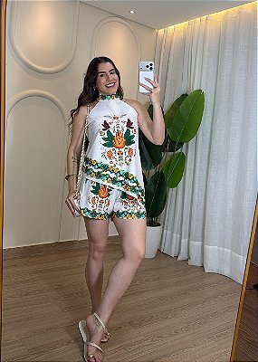 Conjunto Bata Assimétrica Amarração e Short Estampado
