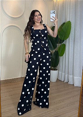 Conjunto Feminino Alfaiataria Estampa Poa - Preto