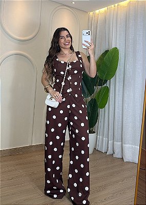 Conjunto Feminino Alfaiataria Estampa Poa - Marrom
