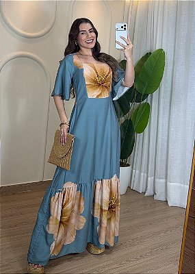 Vestido Feminino Tecido Viscolinho Decote Quadrado e Manga - Azul e Rosa