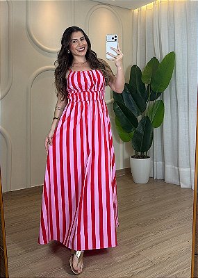 Vestido Listrado Tricoline - Vermelho com Rosa