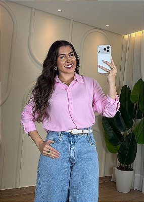 Camisa Feminina em Viscolinho -Rosa Bebê
