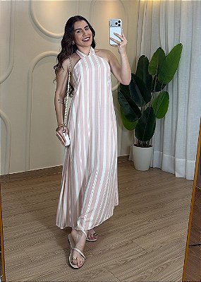 Vestido Feminino Viscolinho Listrado Frente Única - Rosa