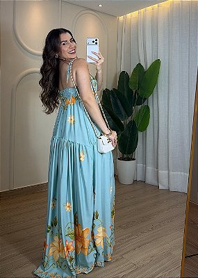 Vestido Feminino Viscolinho Alça e Decote V - Azul