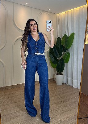 Conjunto Feminino Jeans Escuro Calça e Colete