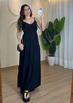 Vestido Preto em Viscose Sarjada – Decote V e Marias | Tamanho Único