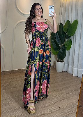 Vestido Feminino Viscolinho Estampado Azuo Marinho e Rosa
