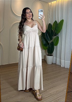 Vestido Nude em Viscose Sarjada – Decote V e Marias | Tamanho Único