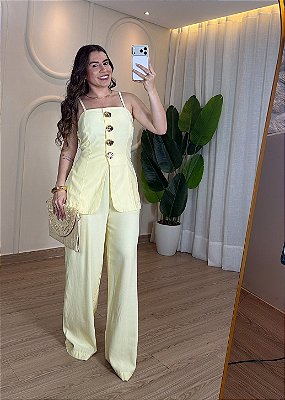 Conjunto Feminino Marrant com Blusa Peplum e Calça Pantalona- Amarelo Manteiga