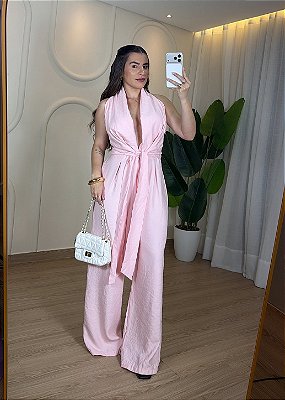 Macacão Feminino com Amarração na Cintura - Rosa