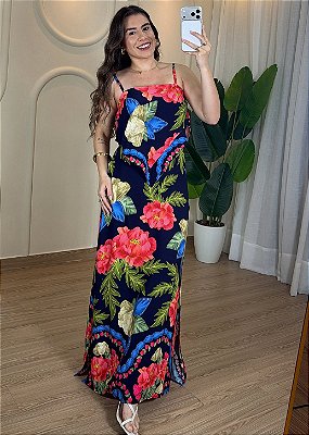 Vestido Feminino de Viscolinho Estampado Colorido – Azul Marinho