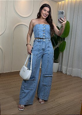 Conjunto Jeans Feminino - Cropped e Calça Cargo