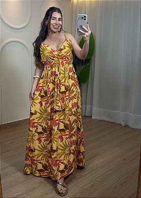 Vestido Decote V Viscolinho - Estampa Amarela