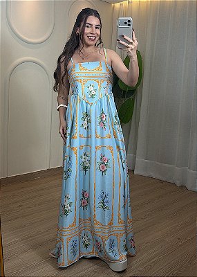 Vestido Crepe de Seda - Estampa Azul Bebê com Laranja