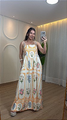 Vestido Crepe de Seda - Estampa Off com Laranja
