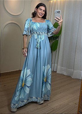 Vestido Longo Floral Azul Serenity com Lastex e Mangas