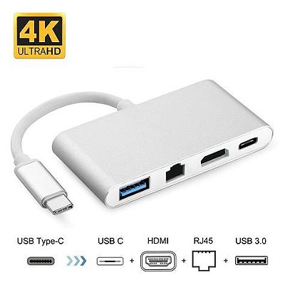 Hub USB C para 04 Saidas(usb c,hdmi,rj45,usb 3.0)