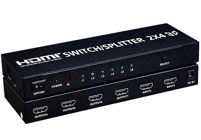 Distribuidor de Vídeo Splitter HDMI 2x4 3D 1080p com Controle Remoto